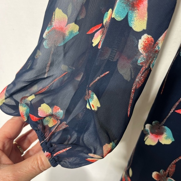 Betsey Johnson Navy Floral Mini Dress Neck Tie Sheer Long Sleeves V Neck Size 6 - Picture 9 of 13